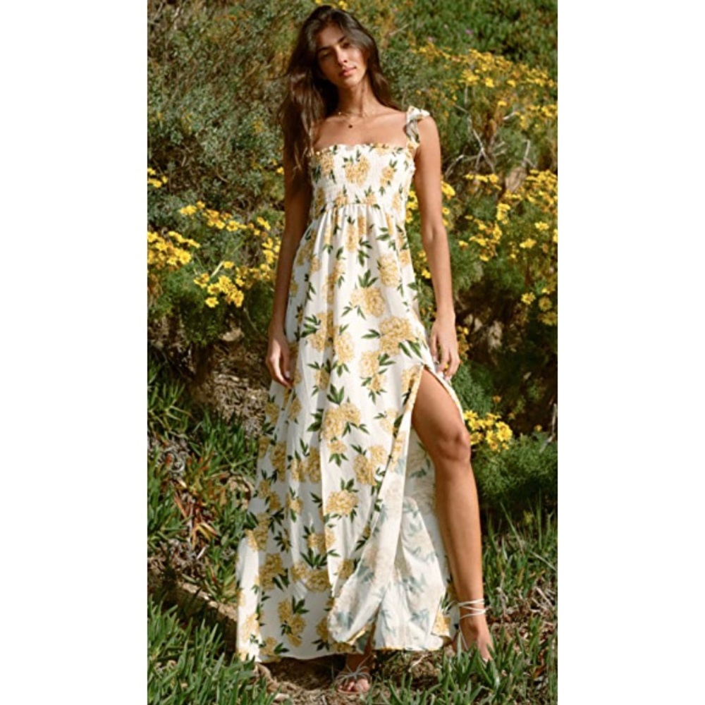 NWT Agua Bendita Leandra Maxi Floral Dress Art Deco Boho Bohemian Yellow Small